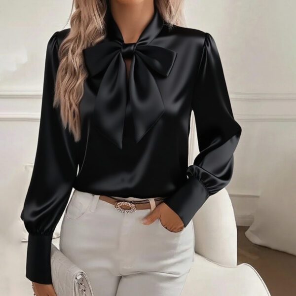 Women's Solid Color Satin Long Sleeve Casual Shirt With Bow Decor Blouse Spring Fall Daily Wear Top - Image 2