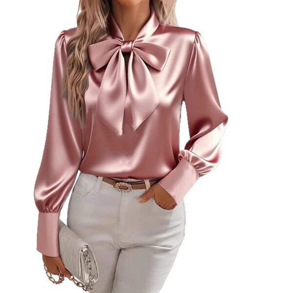 Women's Solid Color Satin Long Sleeve Casual Shirt With Bow Decor Blouse Spring Fall Daily Wear Top - Image 3