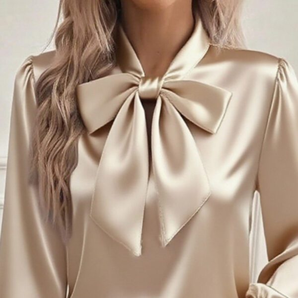 Women's Solid Color Satin Long Sleeve Casual Shirt With Bow Decor Blouse Spring Fall Daily Wear Top - Image 9